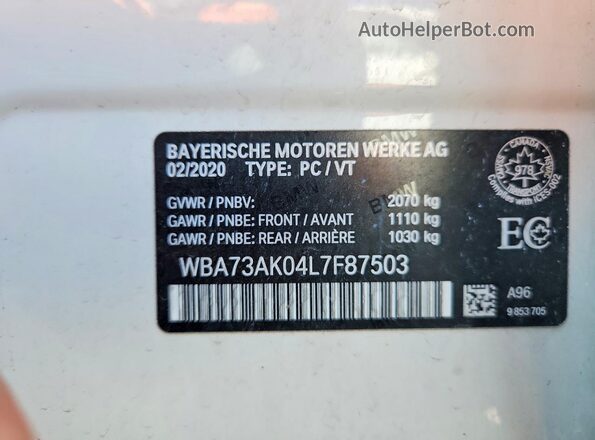 WBA73AK04L7F87503 2020 BMW 2 SERIES White Vista de la etiqueta del VIN