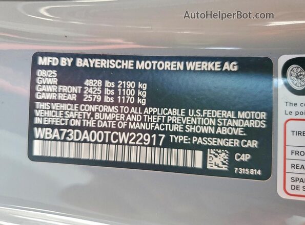 WBA73DA00TCW22917 2026 BMW M4 Gray VIN sticker view