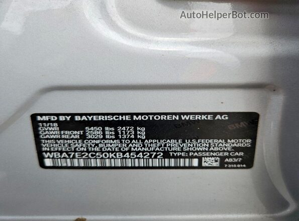 WBA7E2C50KB454272 2019 BMW 7 SERIES Silver VIN կոդի պիտակի տեսք