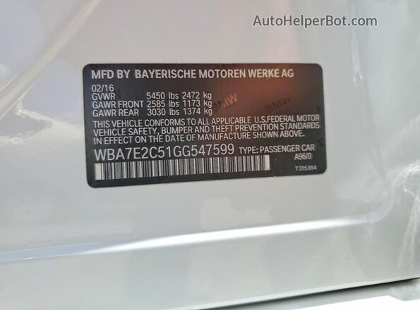 WBA7E2C51GG547599 2016 BMW 7 SERIES White Vista de la etiqueta del VIN