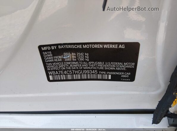 WBA7E4C57HGU99345 2017 BMW 7 SERIES White Widok komory silnika