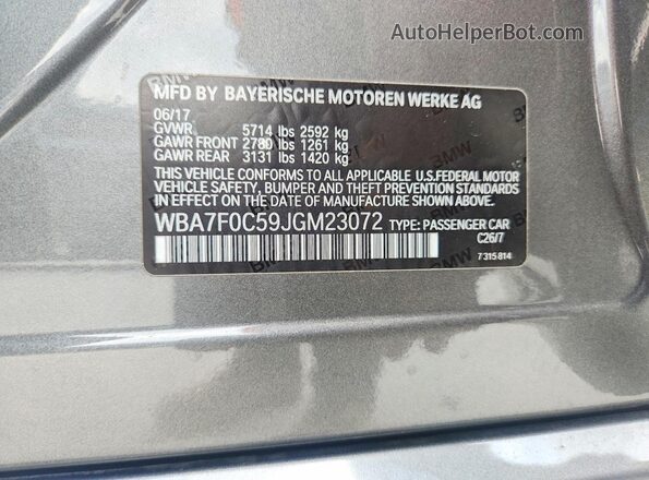 WBA7F0C59JGM23072 2018 BMW 7 SERIES Gray VIN կոդի պիտակի տեսք