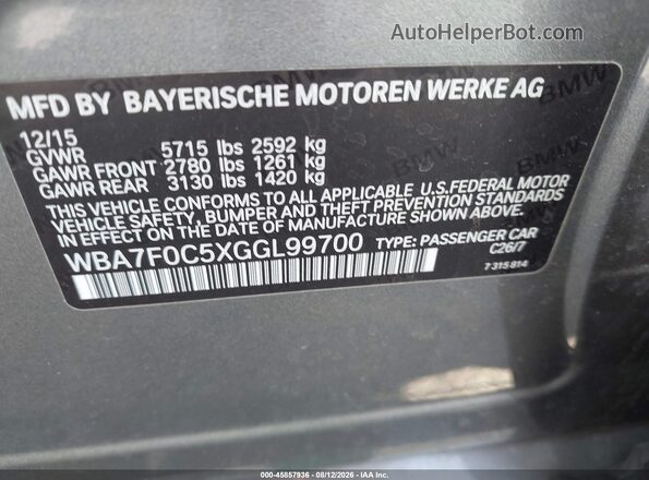 WBA7F0C5XGGL99700 2016 BMW 7 SERIES Gray Вид підкапотного простору