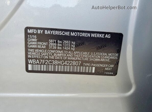 WBA7F2C38HG422807 2017 BMW 7 SERIES Silver VIN კოდის სტიკერის ხედი