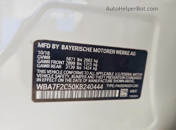 WBA7F2C50KB240444 2019 BMW 7 SERIES White ძრავის განყოფილების ხედი