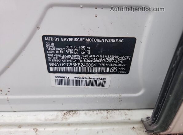 WBA7F2C55KB240004 2019 BMW 7 SERIES White Շարժիչի բաժամունքի տեսք