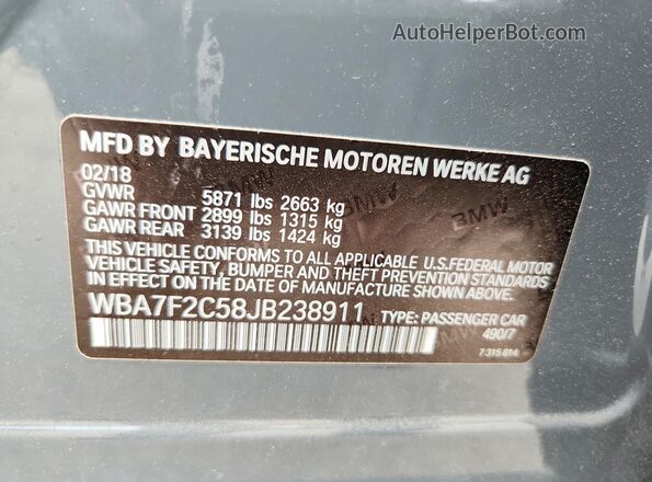 WBA7F2C58JB238911 2018 BMW 7 SERIES Серый Вид наклейки с VIN-кодом