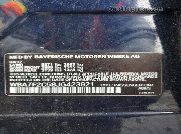 WBA7F2C58JG423821 2018 BMW 7 SERIES Blue VIN sticker view