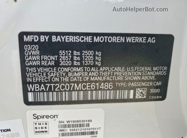 WBA7T2C07MCE61486 2021 BMW 7 SERIES White Widok komory silnika