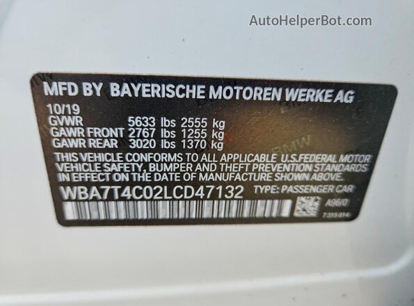 WBA7T4C02LCD47132 2020 BMW 7 SERIES White Vista del compartimento del motor