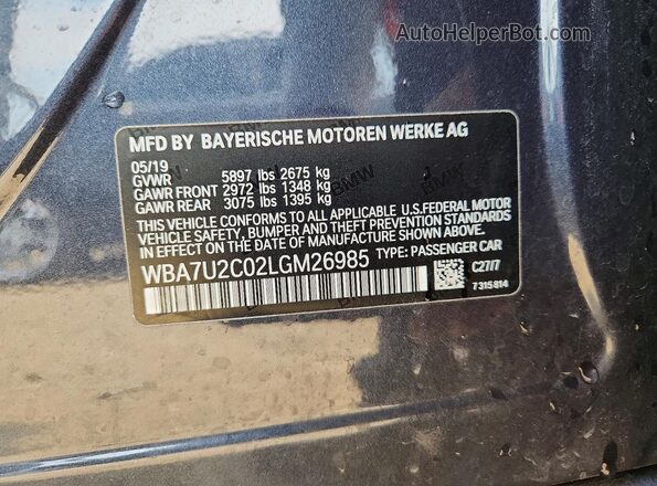 WBA7U2C02LGM26985 2020 BMW 7 SERIES Gray Vista de la etiqueta del VIN
