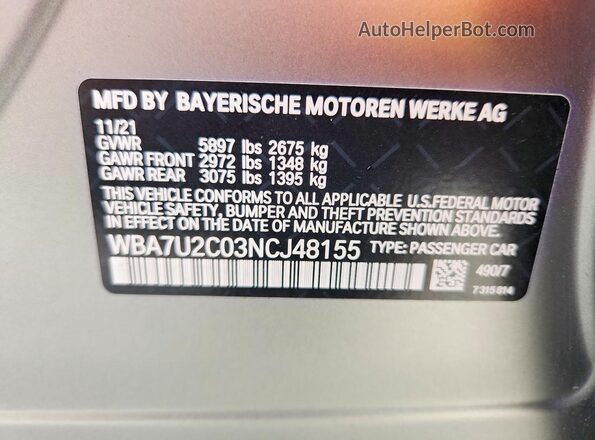 WBA7U2C03NCJ48155 2022 BMW 7 SERIES Silver VIN կոդի պիտակի տեսք