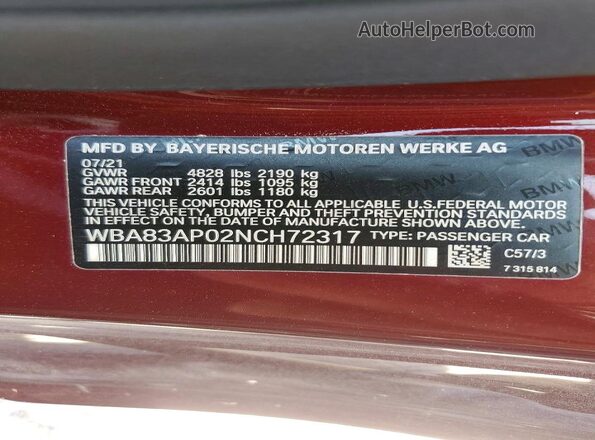 WBA83AP02NCH72317 2022 BMW M4 Burgundy Vista del compartimento del motor