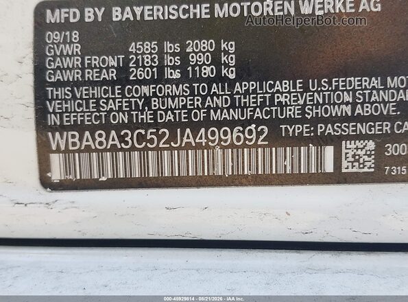 WBA8A3C52JA499692 2018 BMW 3 SERIES White Engine compartment view