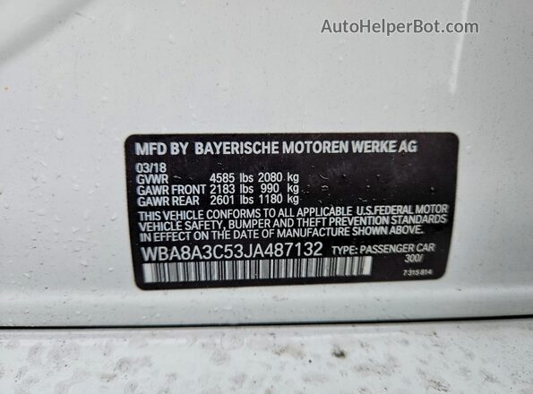 WBA8A3C53JA487132 2018 BMW 3 SERIES White Vista del compartimento del motor