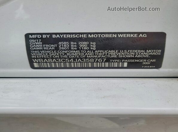 WBA8A3C54JA358767 2018 BMW 3 SERIES White ძრავის განყოფილების ხედი