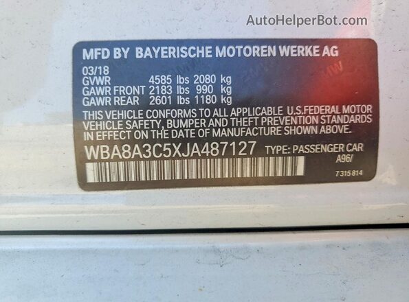 WBA8A3C5XJA487127 2018 BMW 3 SERIES White Vista del compartimento del motor