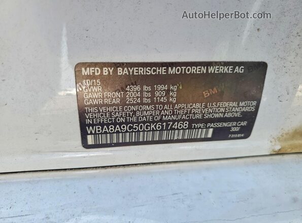 WBA8A9C50GK617468 2016 BMW 3 SERIES White VIN sticker view