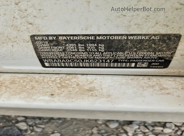 WBA8A9C50JK623147 2018 BMW 3 SERIES White VIN sticker view