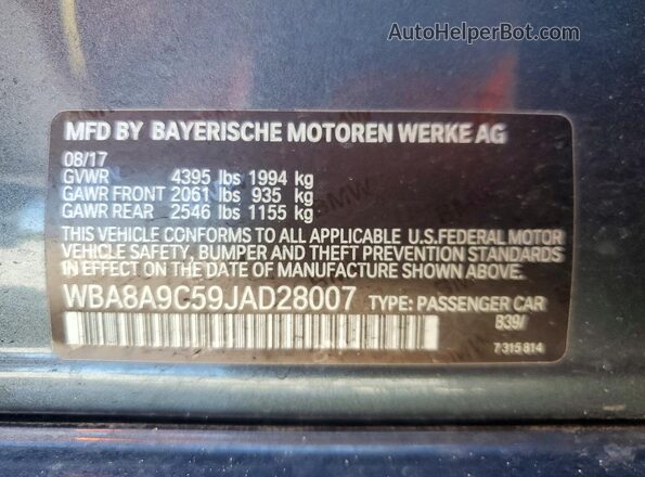 WBA8A9C59JAD28007 2018 BMW 3 SERIES Gray Widok naklejki z numerem VIN