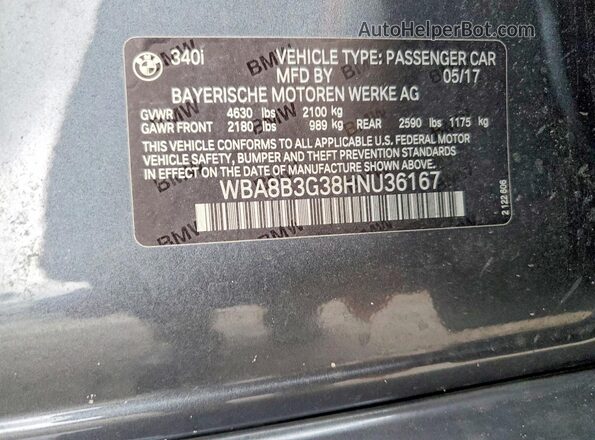 WBA8B3G38HNU36167 2017 BMW 3 SERIES Charcoal ძრავის განყოფილების ხედი