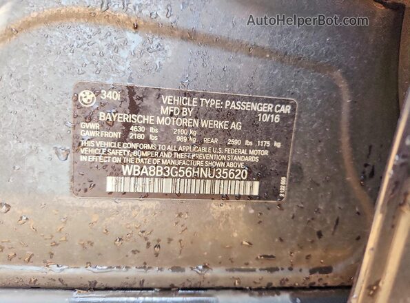WBA8B3G56HNU35620 2017 BMW 3 SERIES Gray Vista de la etiqueta del VIN