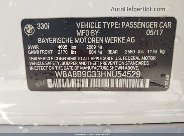 WBA8B9G33HNU54529 2017 BMW 3 SERIES White Շարժիչի բաժամունքի տեսք