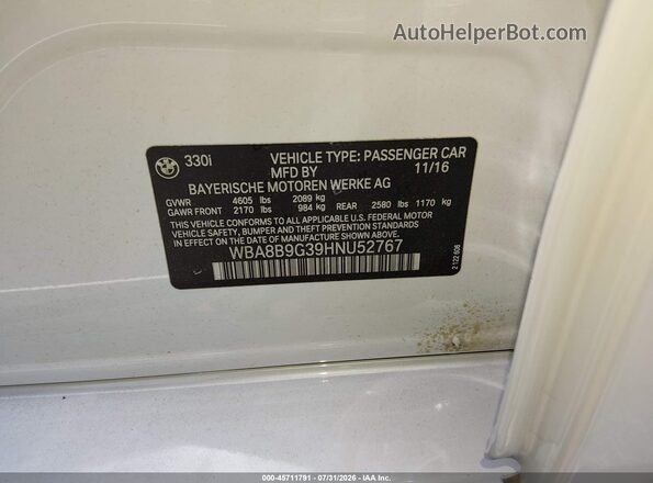 WBA8B9G39HNU52767 2017 BMW 3 SERIES White Engine compartment view