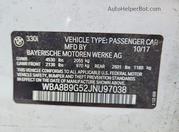 WBA8B9G52JNU97038 2018 BMW 3 SERIES White Շարժիչի բաժամունքի տեսք