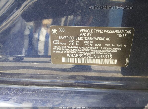 WBA8B9G52JNU97315 2018 BMW 3 SERIES Blue Engine compartment view