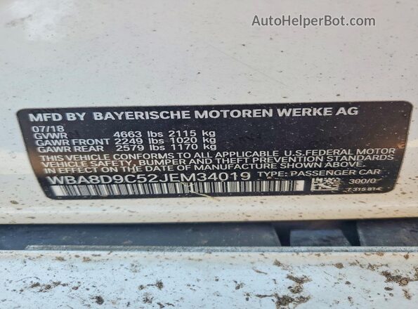 WBA8D9C52JEM34019 2018 BMW 3 SERIES White Շարժիչի բաժամունքի տեսք