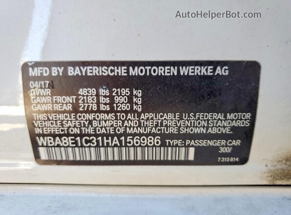 WBA8E1C31HA156986 2017 BMW 3 SERIES White ძრავის განყოფილების ხედი