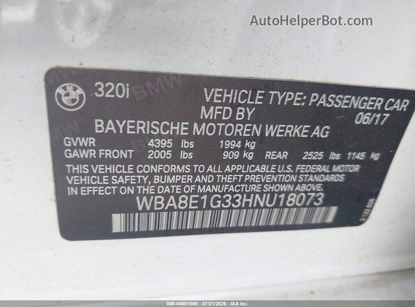 WBA8E1G33HNU18073 2017 BMW 3 SERIES White Вид підкапотного простору