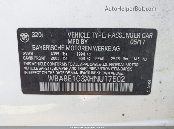 WBA8E1G3XHNU17602 2017 BMW 3 SERIES White Engine compartment view