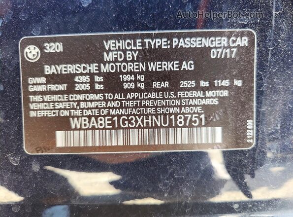 WBA8E1G3XHNU18751 2017 BMW 3 SERIES Синий Вид подкапотного пространства