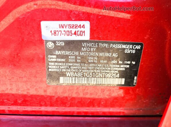 WBA8E1G51GNT99264 2016 BMW 3 SERIES Red Вид підкапотного простору