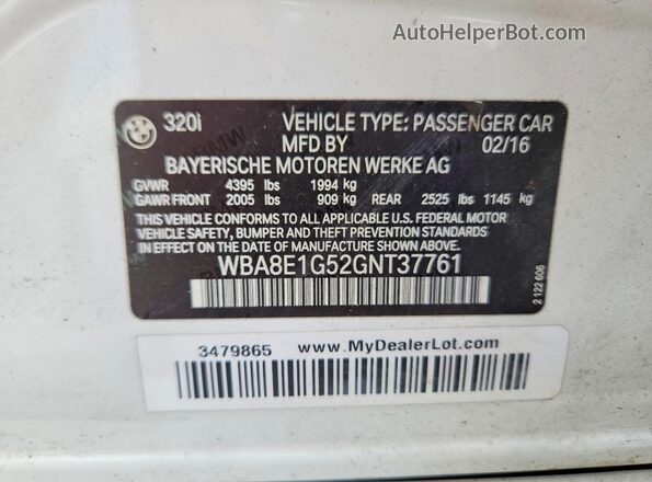 WBA8E1G52GNT37761 2016 BMW 3 SERIES White Vista del compartimento del motor