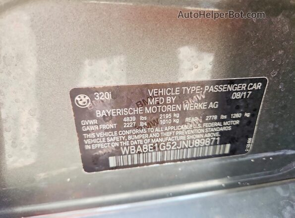 WBA8E1G52JNU89871 2018 BMW 3 SERIES Gray Vista del compartimento del motor