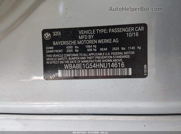 WBA8E1G54HNU14616 2017 BMW 3 SERIES Silver Շարժիչի բաժամունքի տեսք