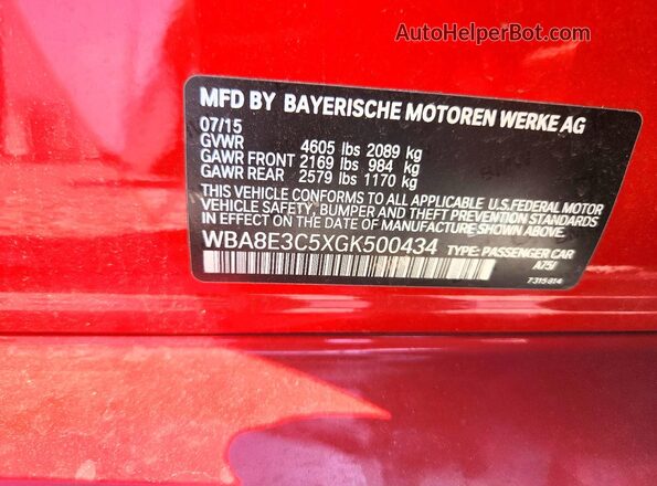 WBA8E3C5XGK500434 2016 BMW 3 SERIES Красный Вид наклейки с VIN-кодом