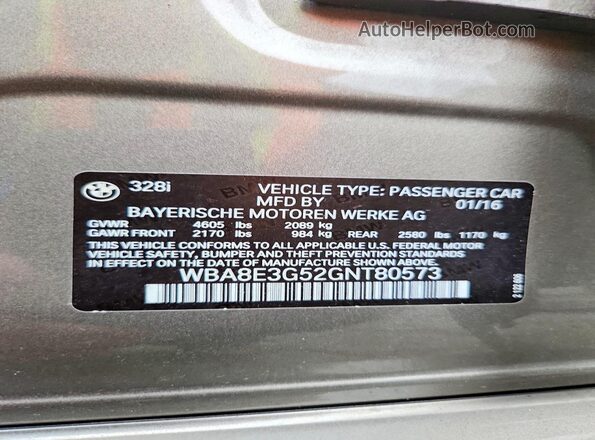 WBA8E3G52GNT80573 2016 BMW 3 SERIES Gray VIN კოდის სტიკერის ხედი