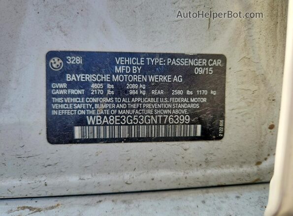 WBA8E3G53GNT76399 2016 BMW 3 SERIES White Vista del compartimento del motor