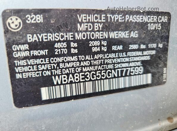 WBA8E3G55GNT77599 2016 BMW 3 SERIES Silver Vista de la etiqueta del VIN