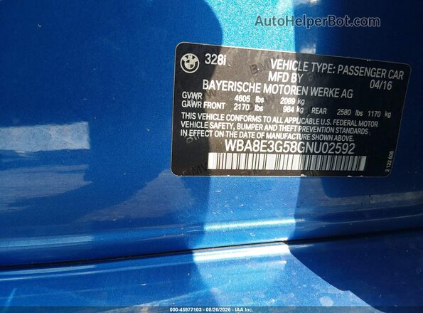 WBA8E3G58GNU02592 2016 BMW 3 SERIES Blue Vista del compartimento del motor