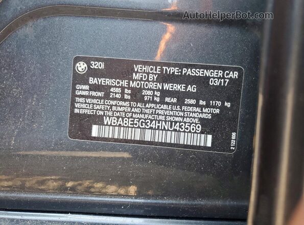 WBA8E5G34HNU43569 2017 BMW 3 SERIES Gray Вид наклейки з VIN-кодом