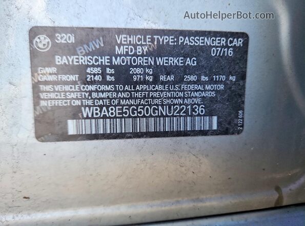 WBA8E5G50GNU22136 2016 BMW 3 SERIES Silver Вид наклейки з VIN-кодом