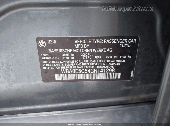WBA8E5G54GNT41298 2016 BMW 3 SERIES Gray ძრავის განყოფილების ხედი