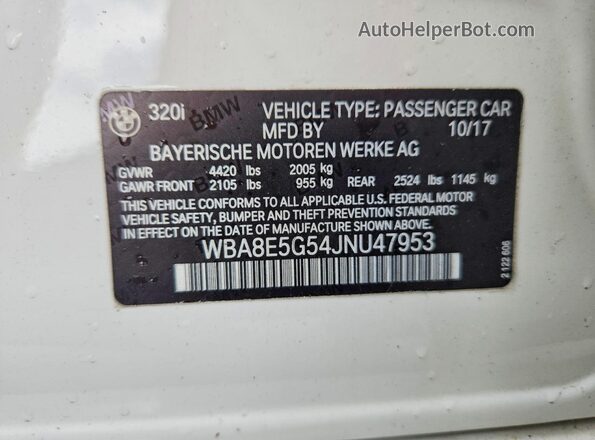 WBA8E5G54JNU47953 2018 BMW 3 SERIES White Vista del compartimento del motor