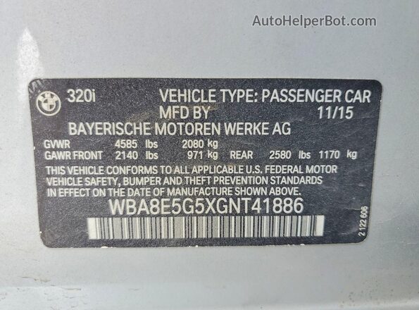 WBA8E5G5XGNT41886 2016 BMW 3 SERIES Silver Вид підкапотного простору