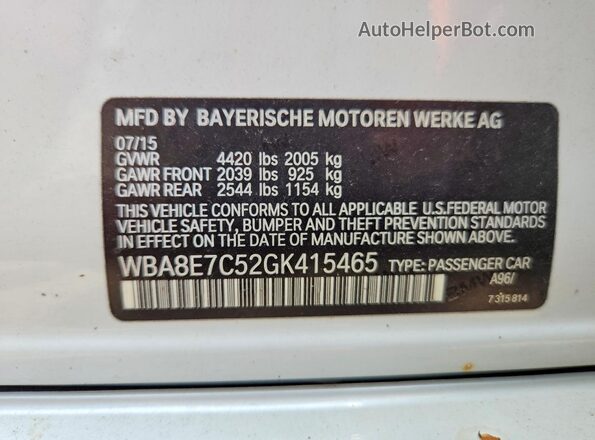 WBA8E7C52GK415465 2016 BMW 3 SERIES White Вид наклейки з VIN-кодом